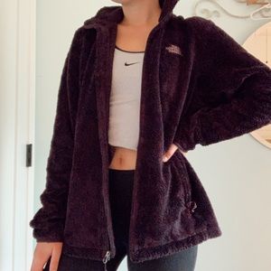 purple fuzzy north face jacket